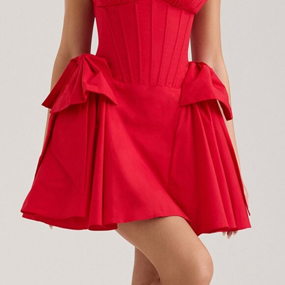 Bow V-Neck Sleeveless Mini Dress | New Formal Zipper Boned Dress - Picture 6 of 9